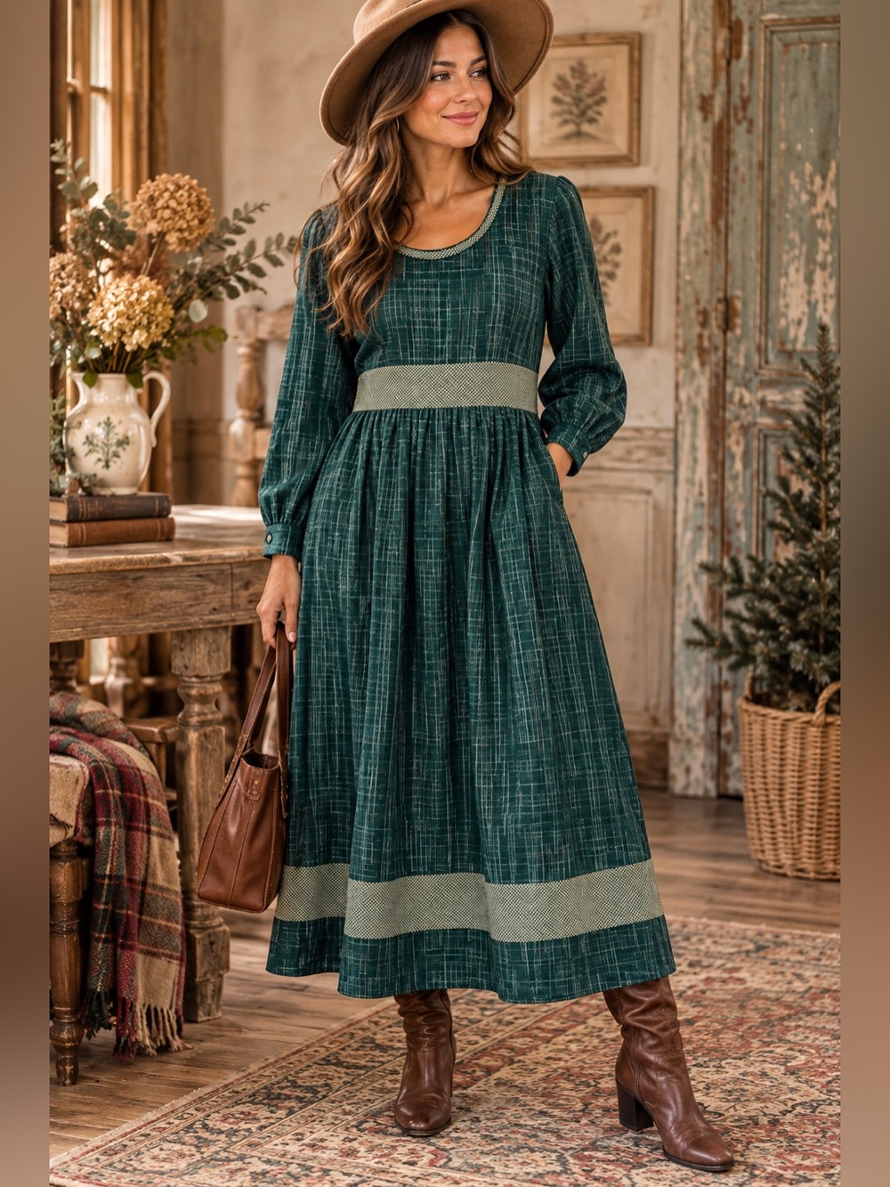 Handmade Cotton Fleece Maxi Dress Green Plaid Cottagecore Long Sleeve Dress 12